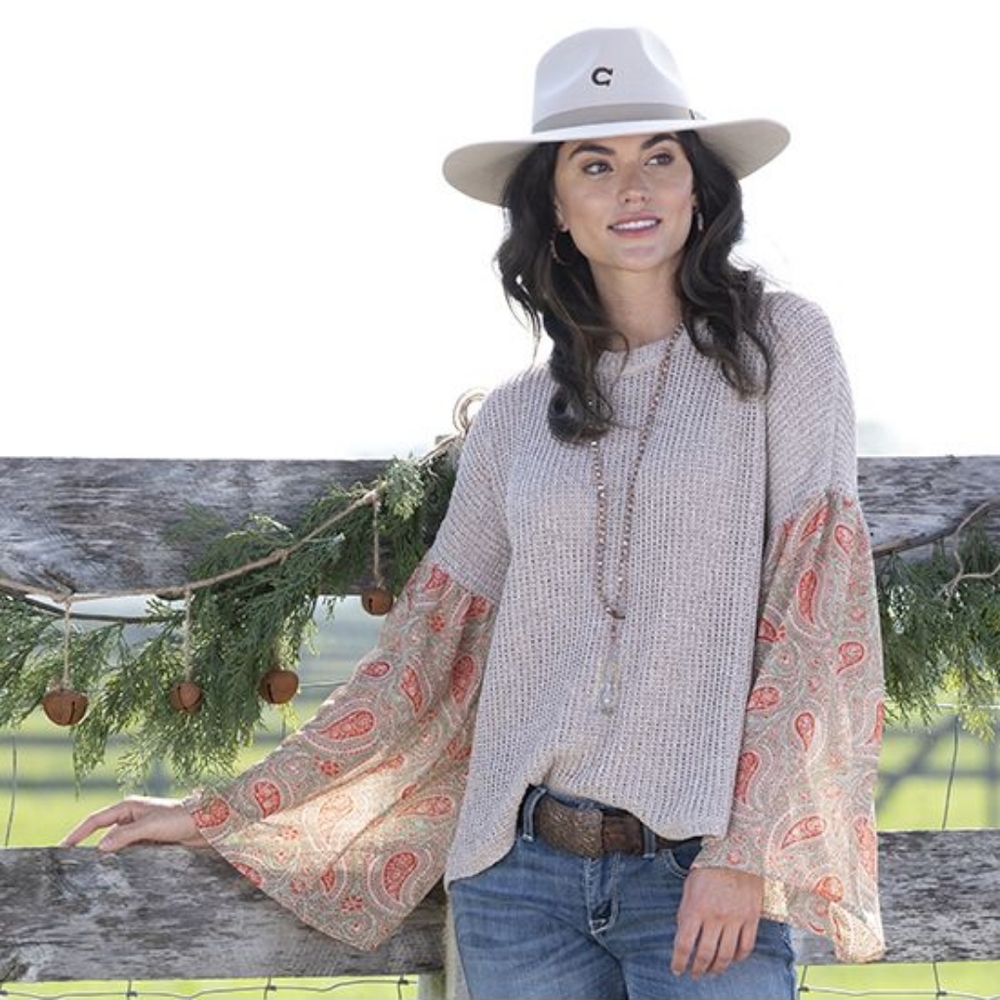 Rods Prim & Proper Beige Paisley Contrast Chiffon Sleeve Sweater Size Small